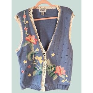 Vtg Koret Sweater Vest Blue Embroidered floral Women's Sz XL cottagecore Grandma
